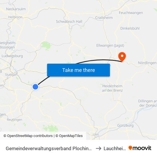 Gemeindeverwaltungsverband Plochingen to Lauchheim map