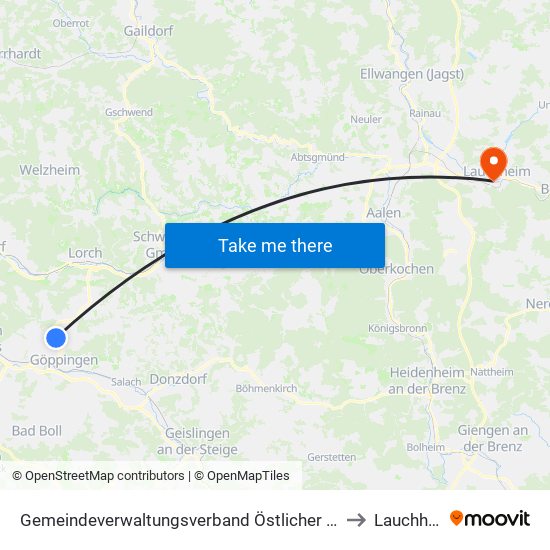 Gemeindeverwaltungsverband Östlicher Schurwald to Lauchheim map