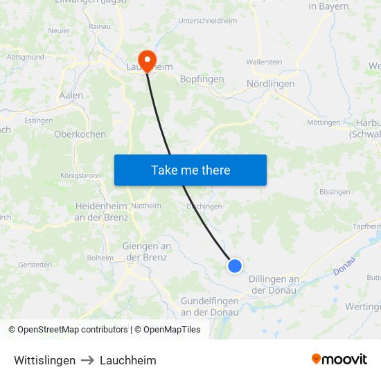 Wittislingen to Lauchheim map