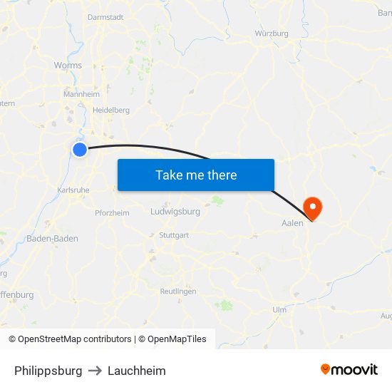 Philippsburg to Lauchheim map