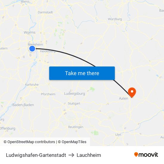 Ludwigshafen-Gartenstadt to Lauchheim map