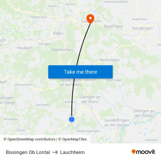 Bissingen Ob Lontal to Lauchheim map