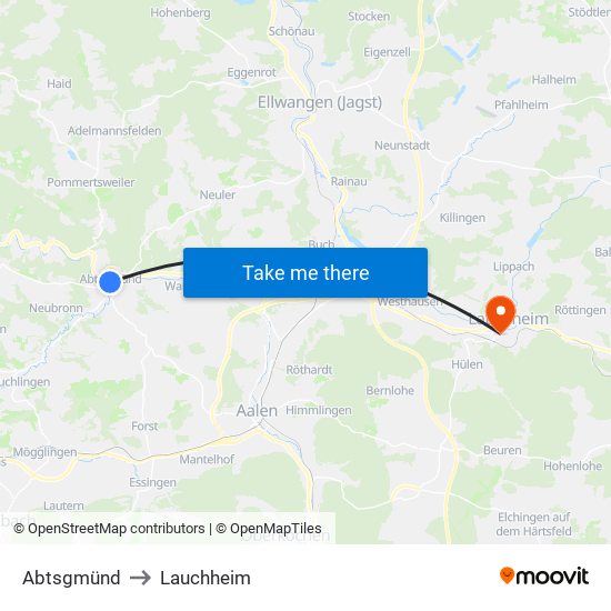 Abtsgmünd to Lauchheim map