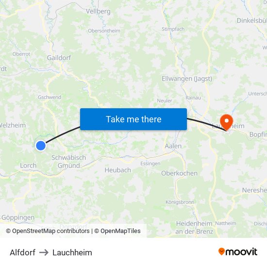 Alfdorf to Lauchheim map