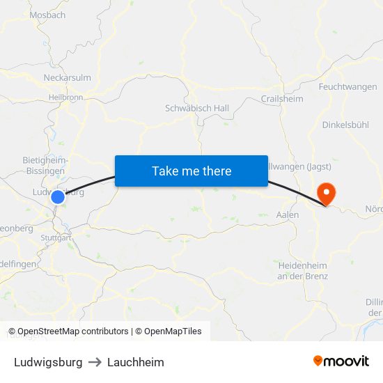 Ludwigsburg to Lauchheim map