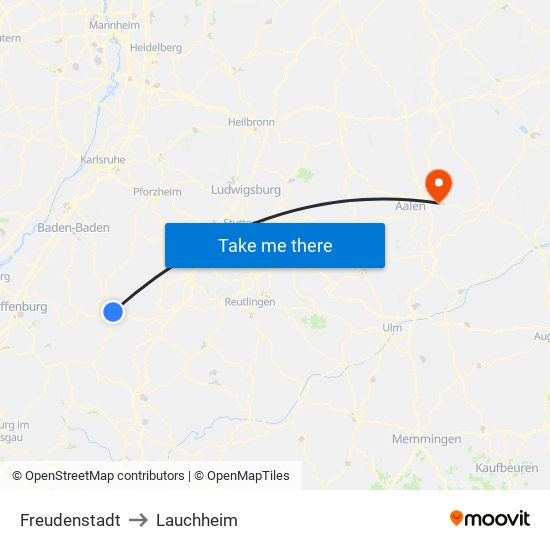 Freudenstadt to Lauchheim map