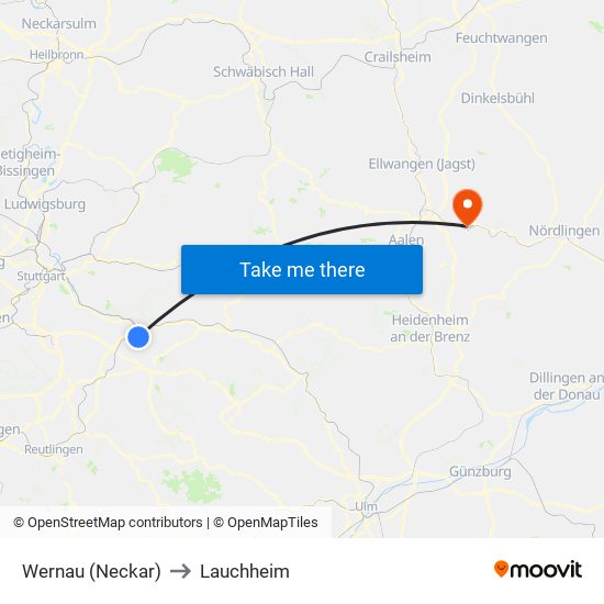 Wernau (Neckar) to Lauchheim map