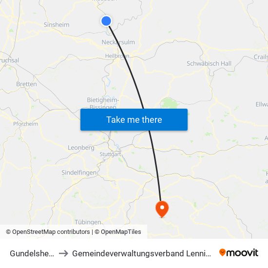 Gundelsheim to Gemeindeverwaltungsverband Lenningen map