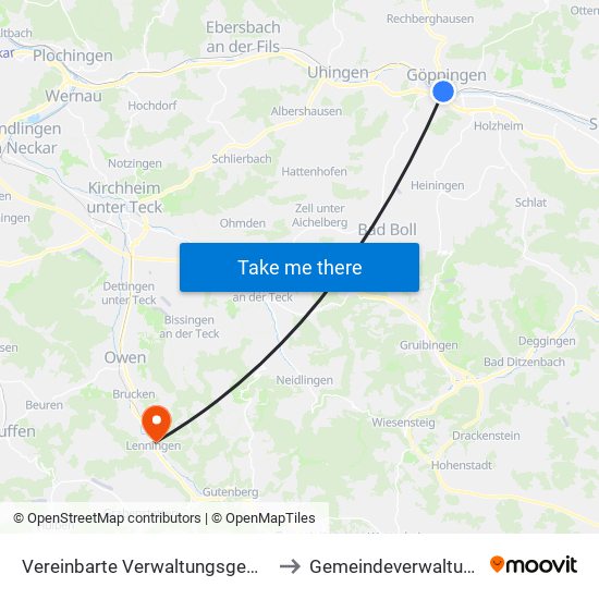 Vereinbarte Verwaltungsgemeinschaft Der Stadt Göppingen to Gemeindeverwaltungsverband Lenningen map