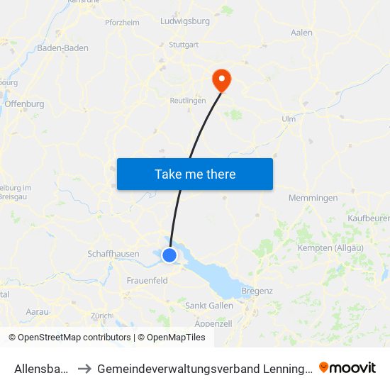Allensbach to Gemeindeverwaltungsverband Lenningen map