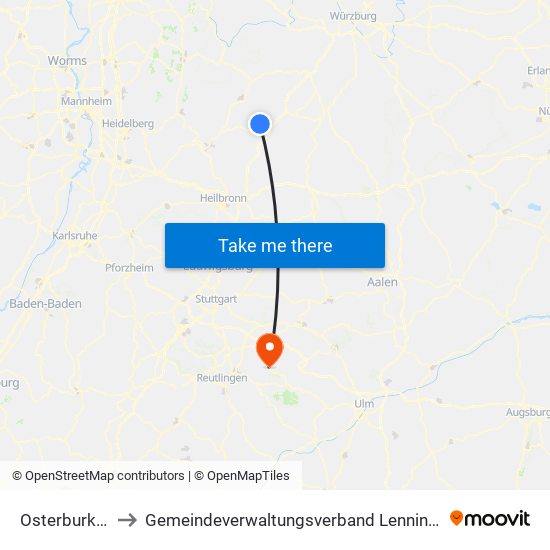 Osterburken to Gemeindeverwaltungsverband Lenningen map