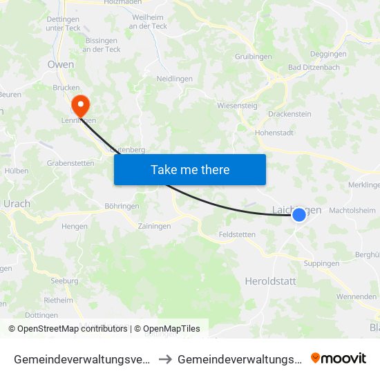 Gemeindeverwaltungsverband Laichinger Alb to Gemeindeverwaltungsverband Lenningen map