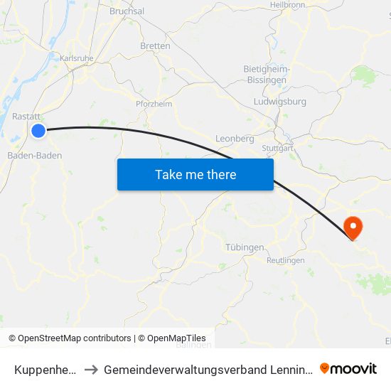 Kuppenheim to Gemeindeverwaltungsverband Lenningen map