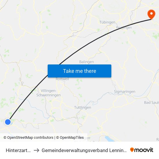 Hinterzarten to Gemeindeverwaltungsverband Lenningen map