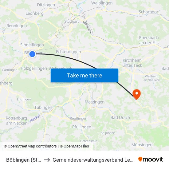 Böblingen (Stadt) to Gemeindeverwaltungsverband Lenningen map