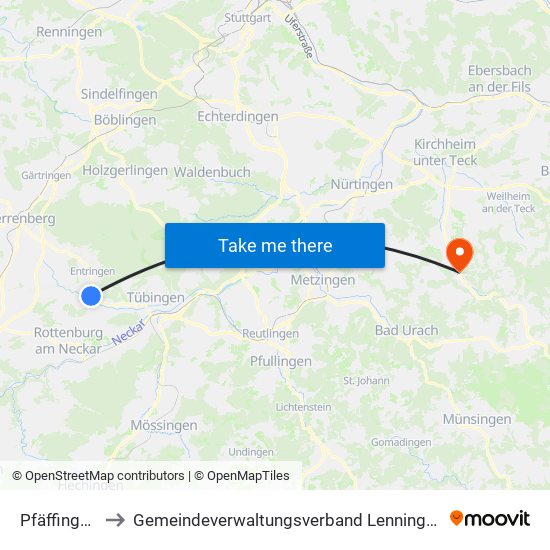 Pfäffingen to Gemeindeverwaltungsverband Lenningen map