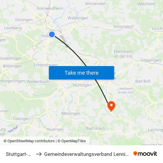 Stuttgart-Ost to Gemeindeverwaltungsverband Lenningen map