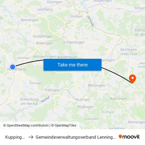 Kuppingen to Gemeindeverwaltungsverband Lenningen map