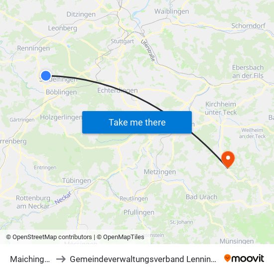 Maichingen to Gemeindeverwaltungsverband Lenningen map