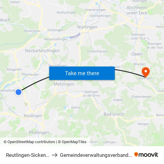 Reutlingen-Sickenhausen to Gemeindeverwaltungsverband Lenningen map