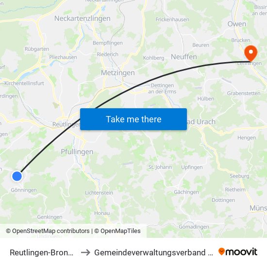 Reutlingen-Bronnweiler to Gemeindeverwaltungsverband Lenningen map