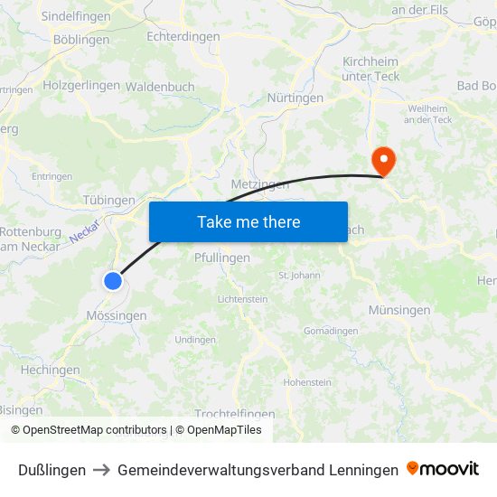 Dußlingen to Gemeindeverwaltungsverband Lenningen map