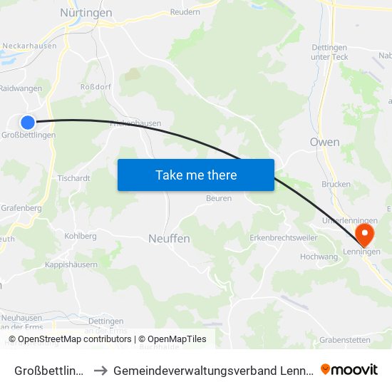 Großbettlingen to Gemeindeverwaltungsverband Lenningen map