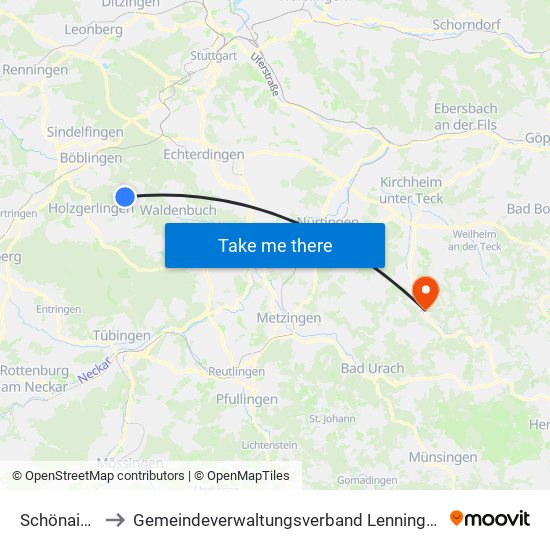 Schönaich to Gemeindeverwaltungsverband Lenningen map