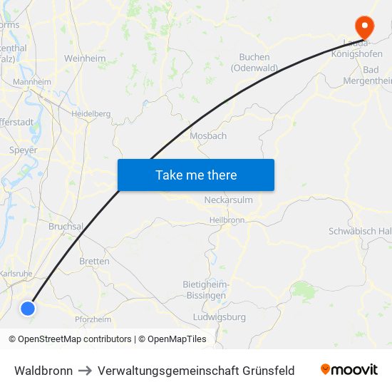 Waldbronn to Verwaltungsgemeinschaft Grünsfeld map