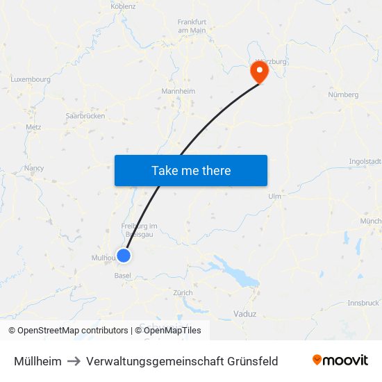 Müllheim to Verwaltungsgemeinschaft Grünsfeld map