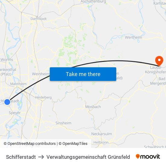 Schifferstadt to Verwaltungsgemeinschaft Grünsfeld map