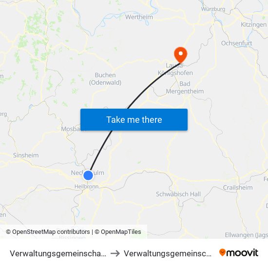 Verwaltungsgemeinschaft Neckarsulm to Verwaltungsgemeinschaft Grünsfeld map