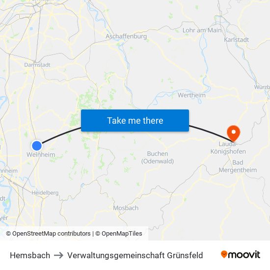 Hemsbach to Verwaltungsgemeinschaft Grünsfeld map