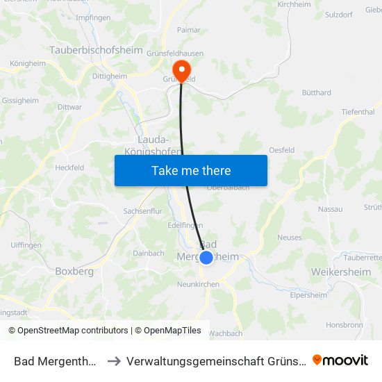 Bad Mergentheim to Verwaltungsgemeinschaft Grünsfeld map