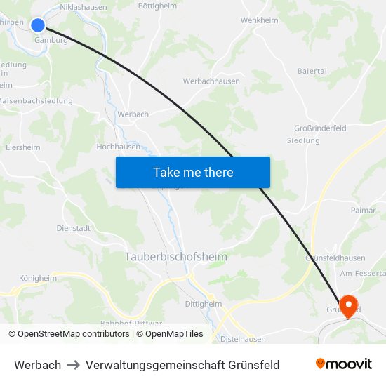 Werbach to Verwaltungsgemeinschaft Grünsfeld map