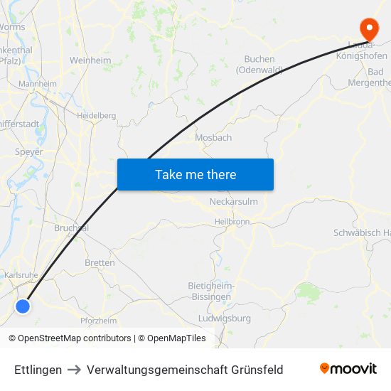 Ettlingen to Verwaltungsgemeinschaft Grünsfeld map