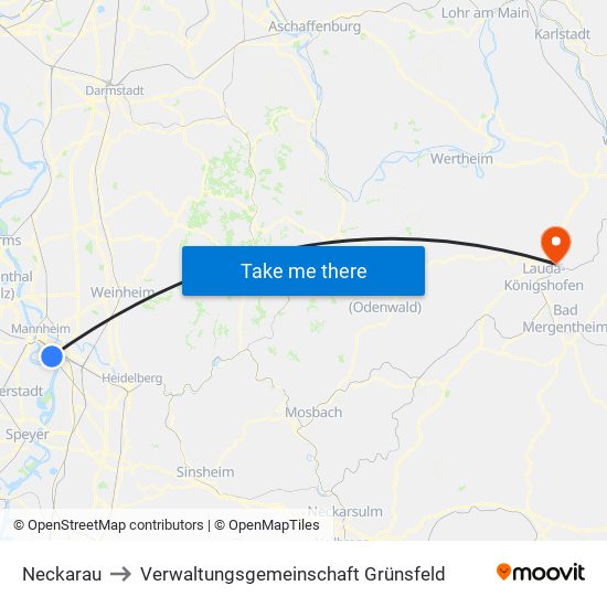 Neckarau to Verwaltungsgemeinschaft Grünsfeld map