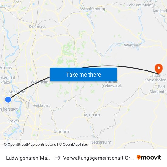 Ludwigshafen-Maudach to Verwaltungsgemeinschaft Grünsfeld map