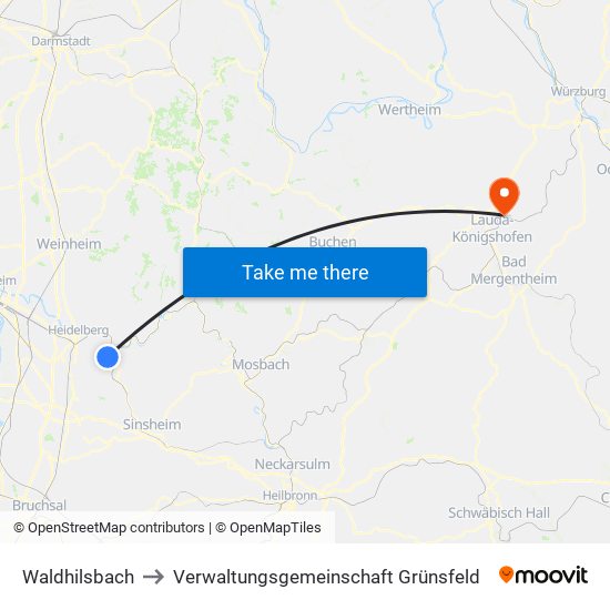 Waldhilsbach to Verwaltungsgemeinschaft Grünsfeld map