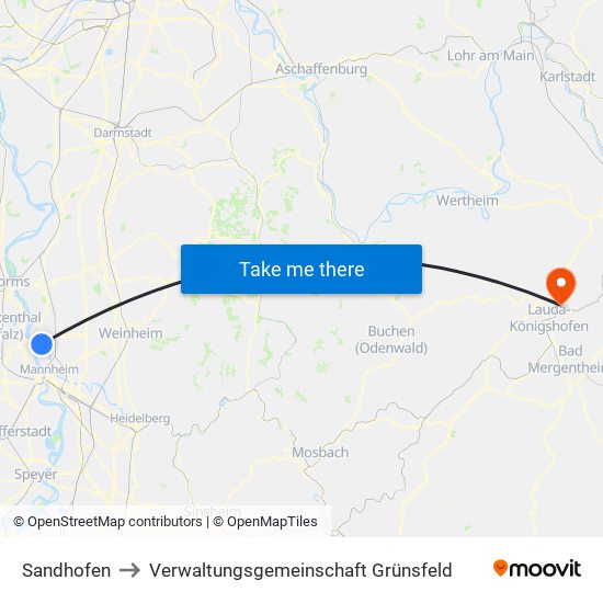 Sandhofen to Verwaltungsgemeinschaft Grünsfeld map