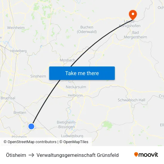Ötisheim to Verwaltungsgemeinschaft Grünsfeld map