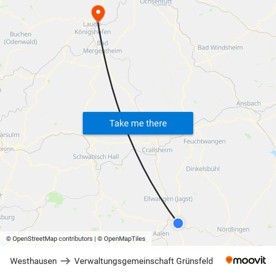 Westhausen to Verwaltungsgemeinschaft Grünsfeld map