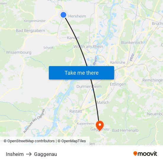 Insheim to Gaggenau map