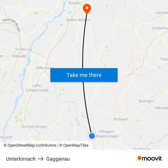 Unterkirnach to Gaggenau map