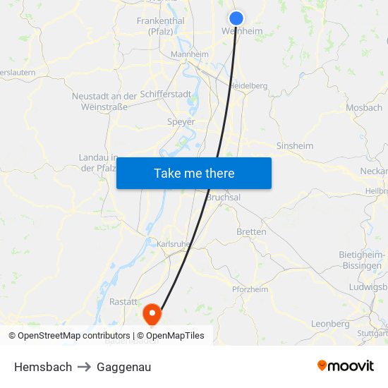 Hemsbach to Gaggenau map