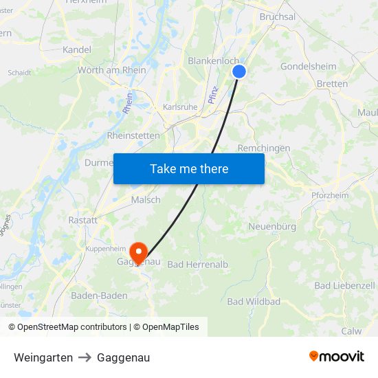 Weingarten to Gaggenau map