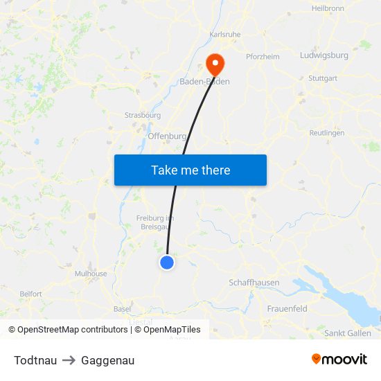 Todtnau to Gaggenau map