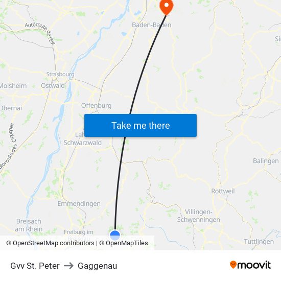 Gvv St. Peter to Gaggenau map