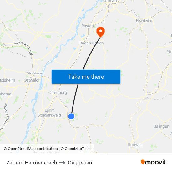 Zell am Harmersbach to Gaggenau map