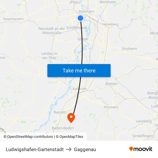 Ludwigshafen-Gartenstadt to Gaggenau map